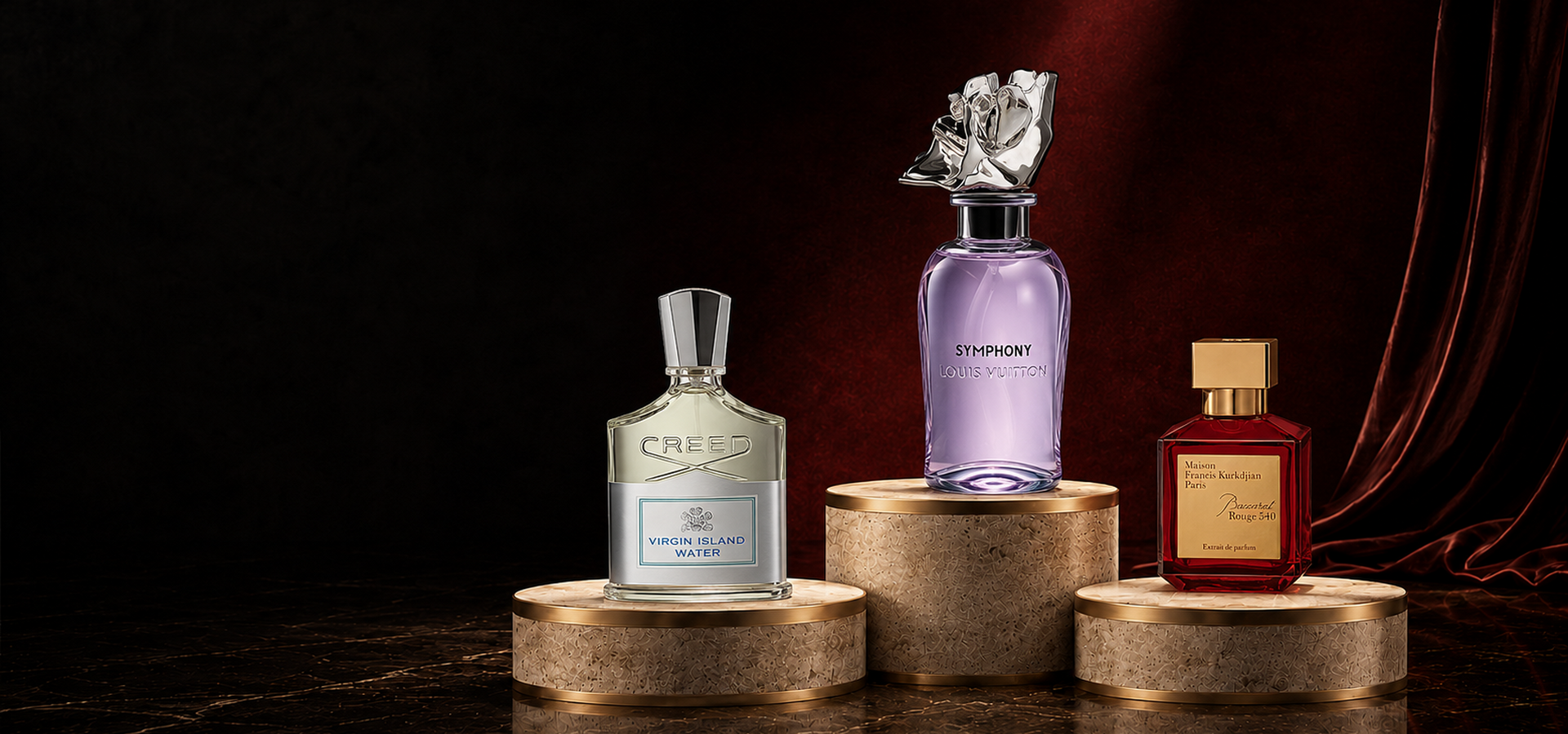 Creed Virgin Island Water, Louis Vuitton Symphony, and MFK Baccarat Rouge 540 Extrait de Parfum at Venba Fragrance