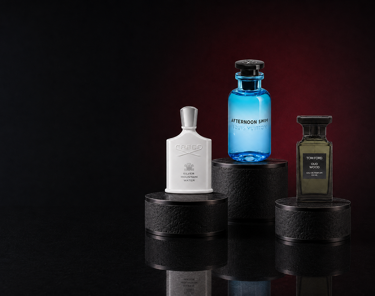 Creed Silver Mountain Water, Louis Vuitton Afternoon Swim, and Tom Ford Oud Wood
